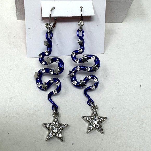 Betsey Johnson Cobalt Blue Rhinestone Shake & Star Earrings Leaver backs Silver - Picture 3 of 9